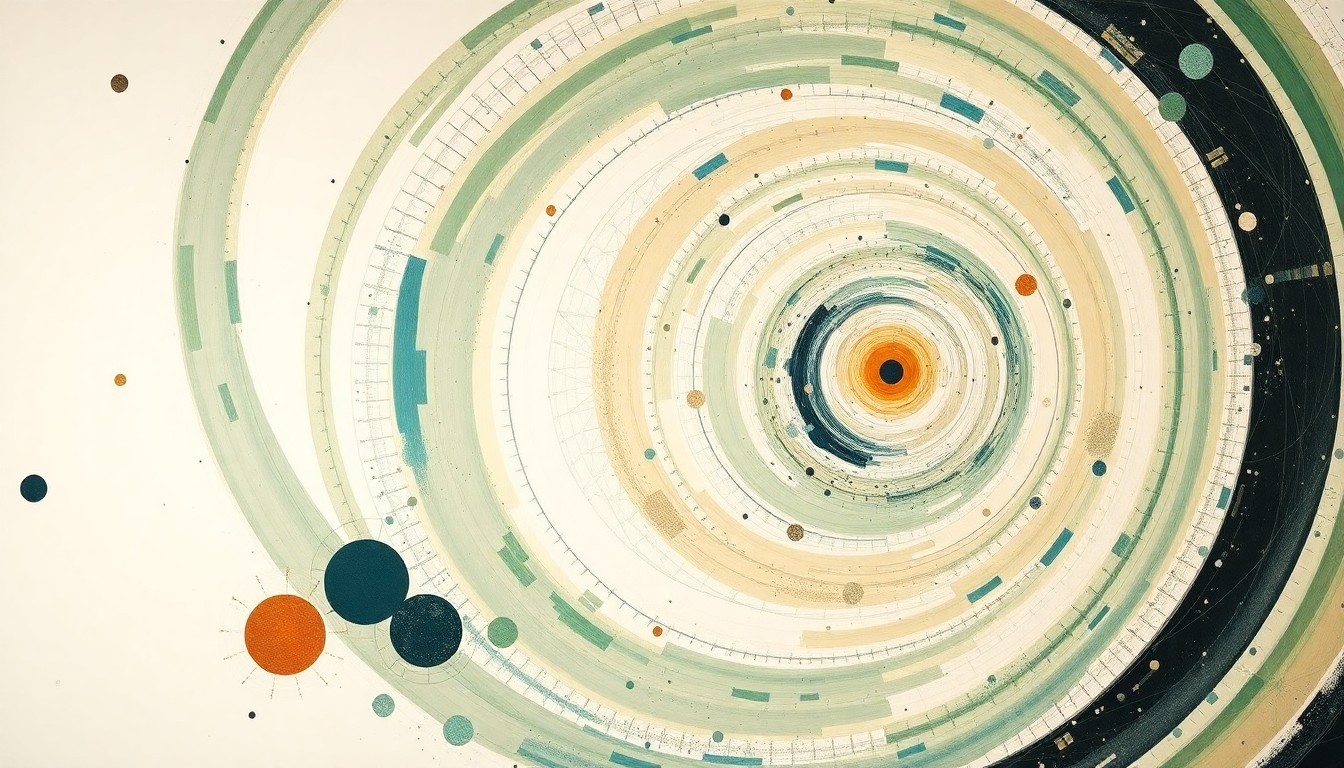 A bold, abstract painting in soft, earthy tones of green, brown, and blue, featuring sweeping geometric arcs, concentric circles, and precise spirals, conceptually representing the structural order and chaos of the space environment as the number of satellites and debris continues to rapidly increase.