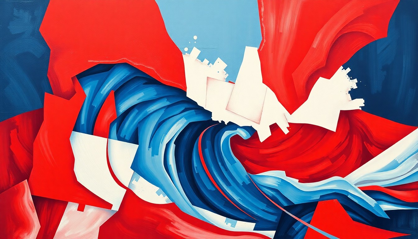 An abstract, fragmented painting in red, white, and blue geometric shapes, conveying a sense of political chaos and division.
