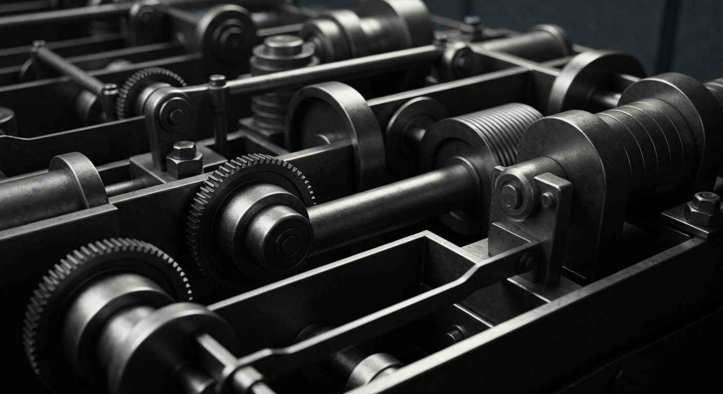 A highly detailed, cinematic close-up image of the heavy, industrial machinery and mechanics that power the financial systems, conveying a sense of the complex infrastructure and technology that supports the mortgage-backed securities market.