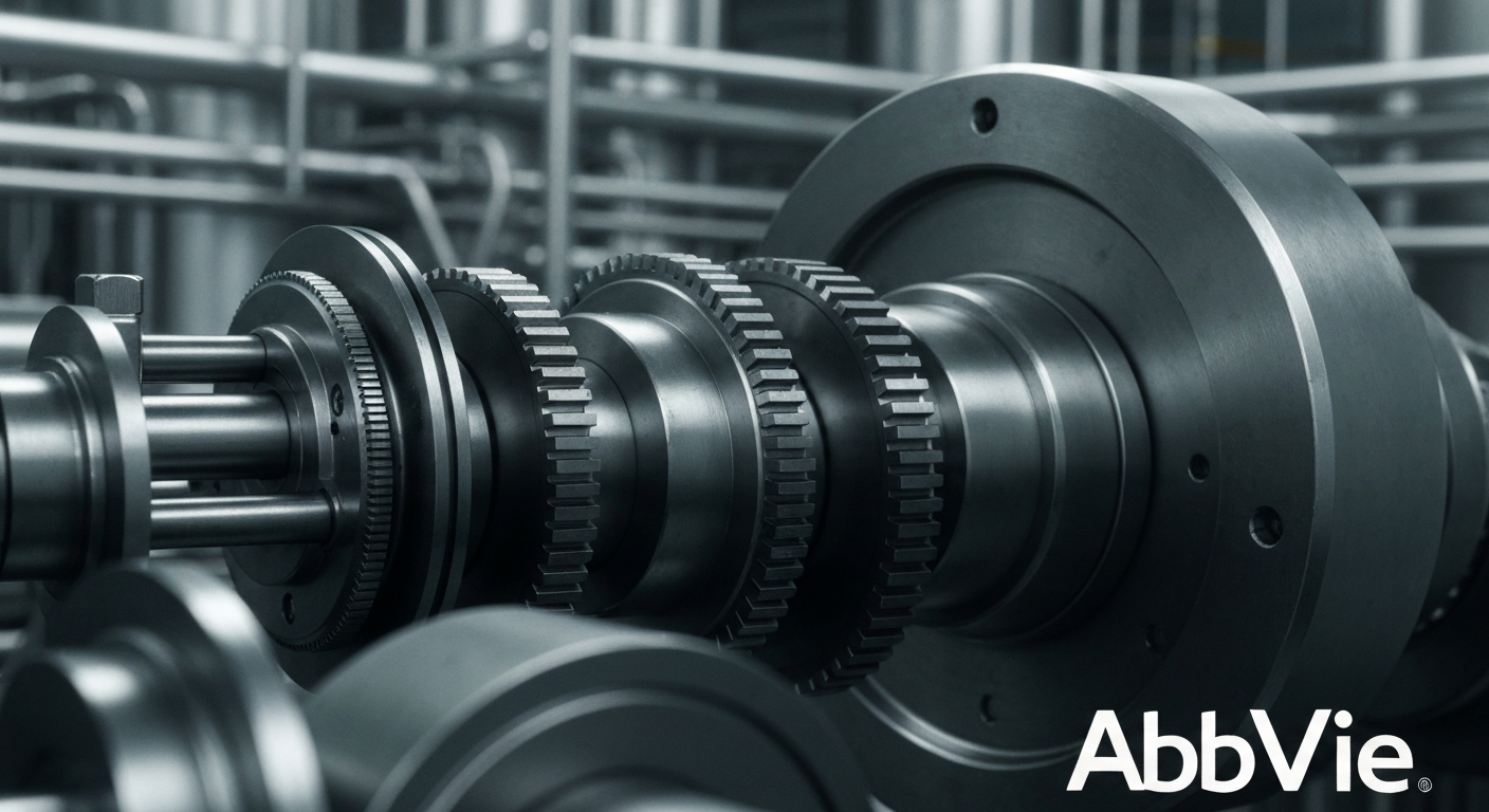 An extreme close-up of the interlocking gears, valves, and pipes of a pharmaceutical manufacturing plant, conveying the industrial nature of AbbVie's operations through a visually striking, high-contrast image.