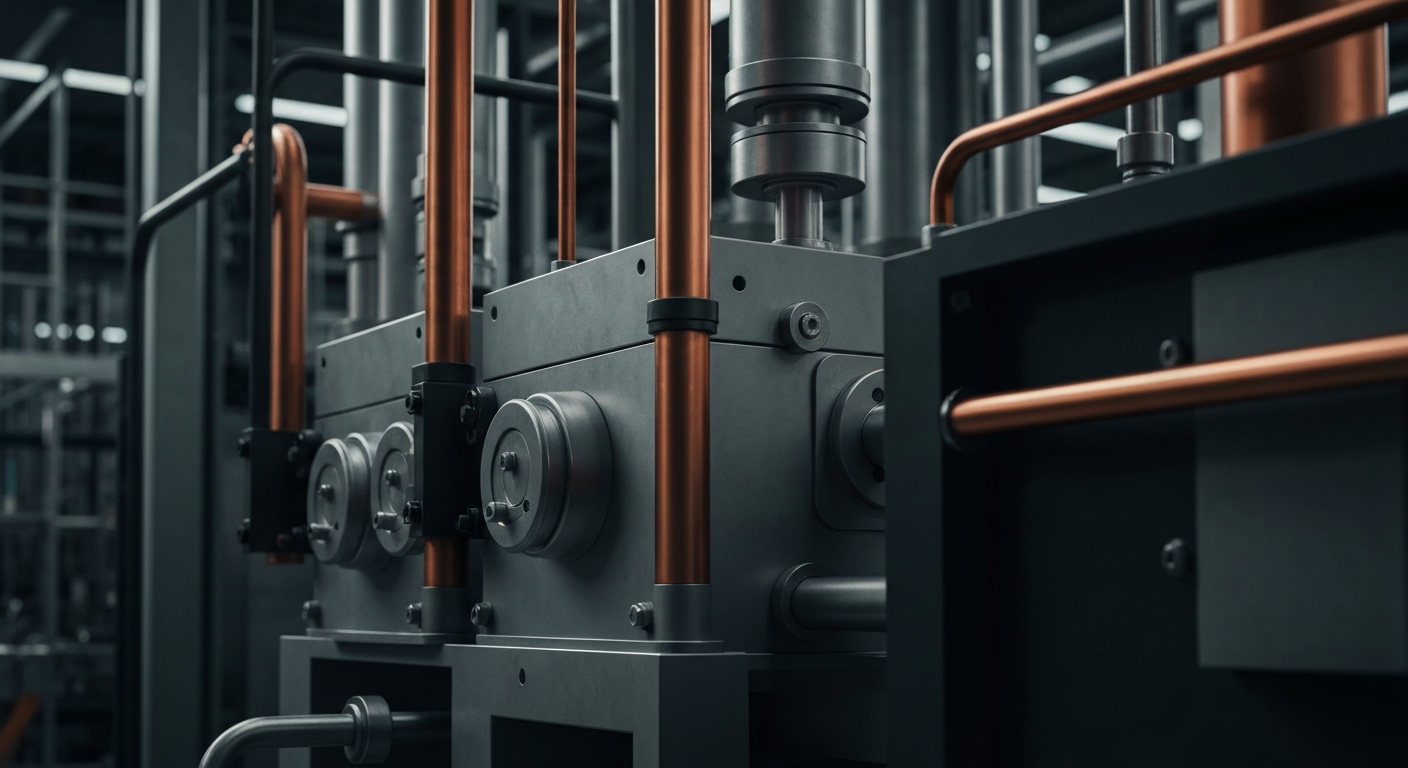 An extreme close-up of intricately detailed industrial packaging machinery, conveying the physical scale and manufacturing prowess of Packaging Corporation of America without using any text or branding.