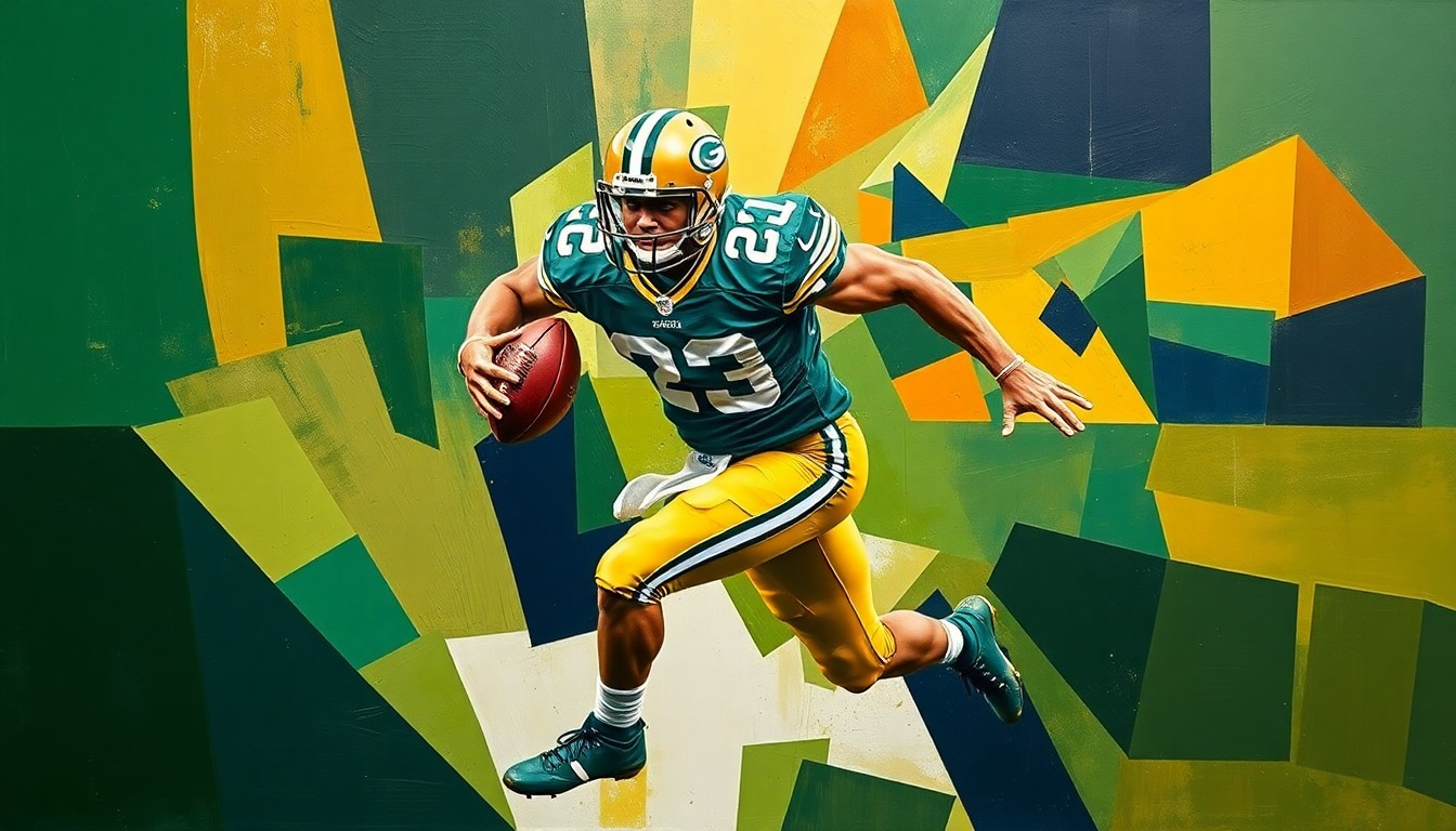 A cubist-style painting depicting a football player rushing the quarterback, with the player's body broken down into sharp, overlapping geometric shapes in shades of green, gold, and navy blue, conveying the dynamic and evolving nature of the Packers' edge rusher position.