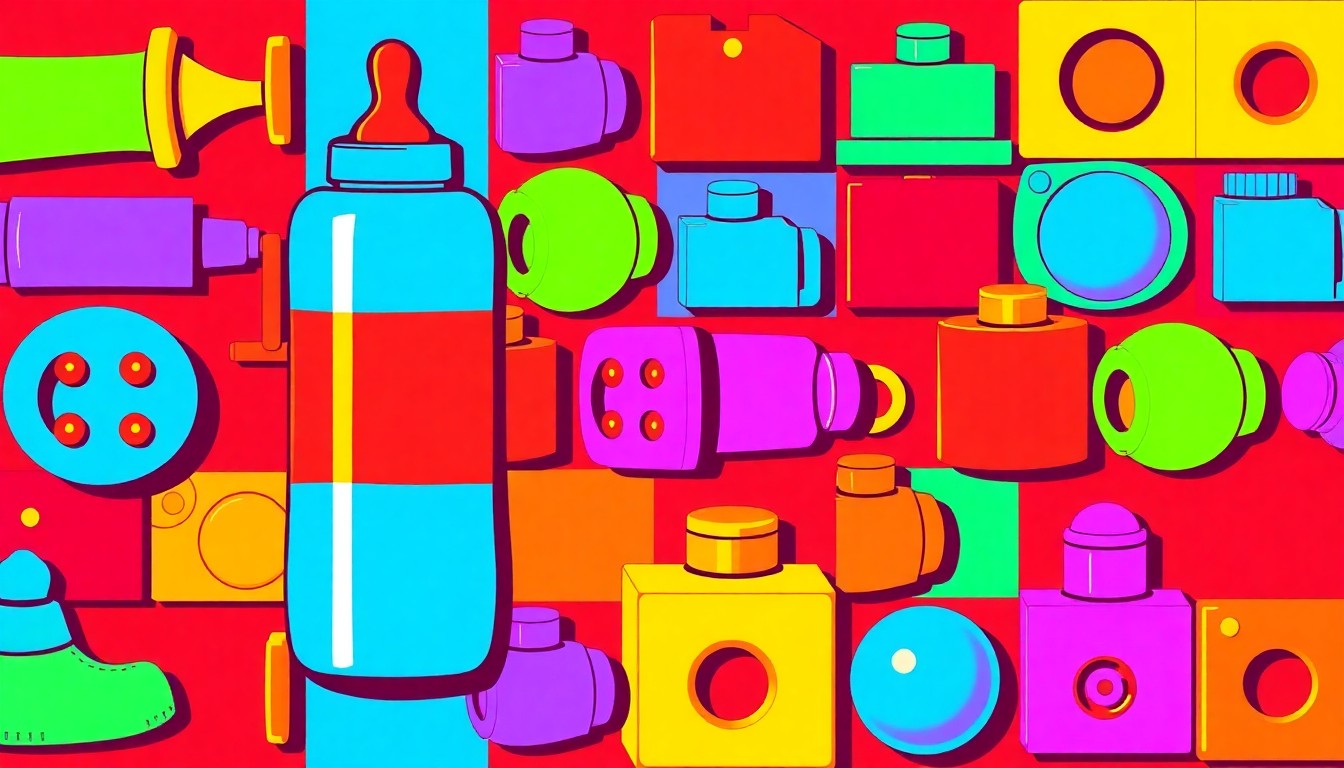 A high-contrast, silkscreen-style illustration of a colorful baby bottle repeated in a grid pattern, conceptually representing the commercialization and commodification of childcare services.