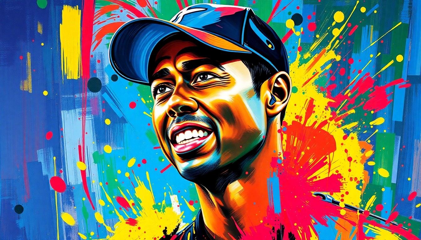 An abstract, expressionist painting in vibrant neon colors, capturing the raw emotional energy and personal turmoil of Tiger Woods through a fragmented, dissolving depiction of his form.