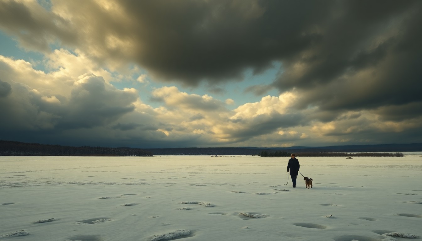 A vast, majestic landscape painting in muted tones of blue, gray, and white, depicting a frozen, snow-covered field under a dramatic, cloudy sky. The scene conveys the overwhelming, sublime scale of the natural world, with the silhouette of a lone dog walker and their pet barely visible in the distance, dwarfed by the expansive, atmospheric environment.