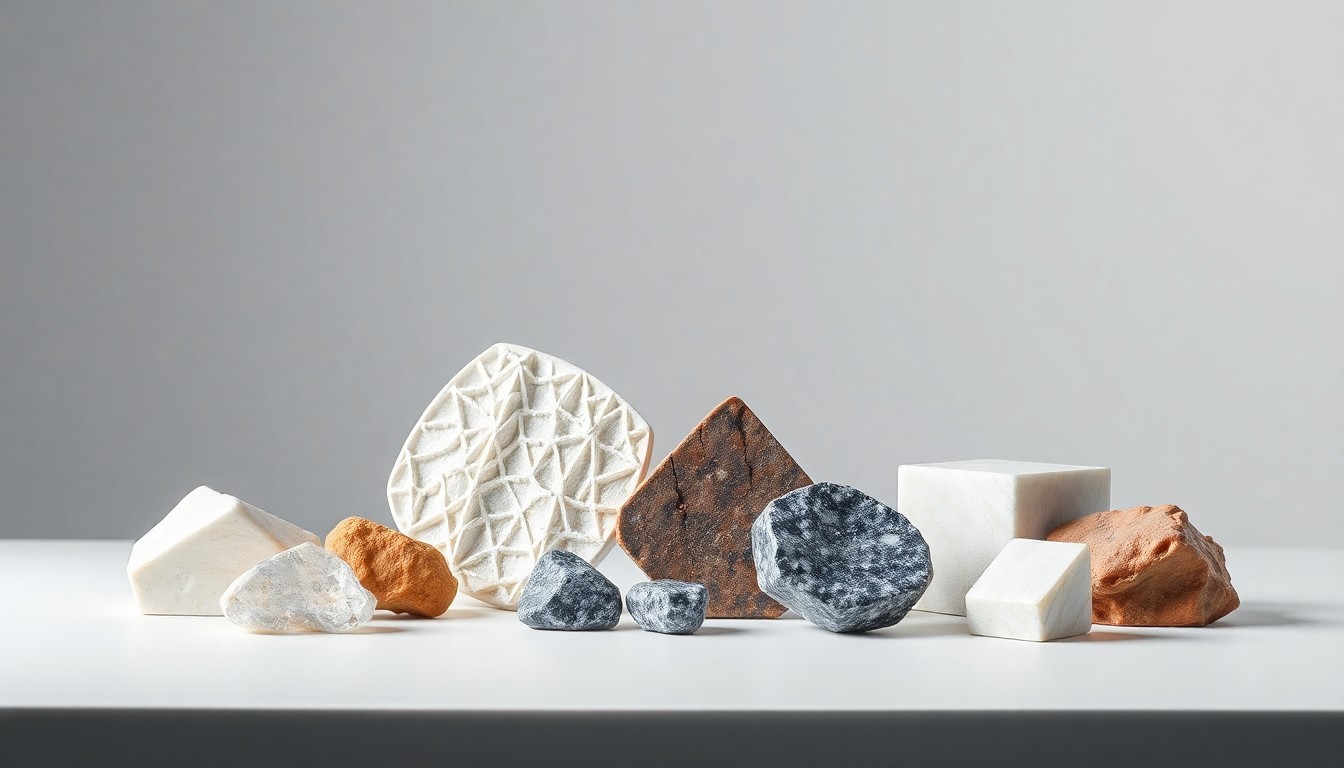 A minimalist, high-end studio still-life photograph featuring a clean, monochromatic background with a carefully arranged composition of polished raw materials and geometric shapes, conceptually representing the advanced manufacturing capabilities and technical expertise of VitaWorks.