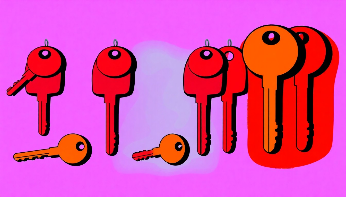 A brightly colored, high-contrast silkscreen print of a single apartment key repeated in a tight grid pattern, conceptually representing the high-stakes battle over housing rights in Los Angeles.