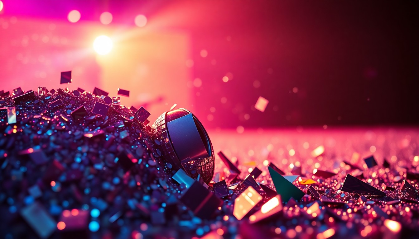 An abstract close-up photograph featuring a dramatic, high-contrast composition of glittering sequins and shattered disco glass, conveying the glamorous, high-energy atmosphere of PinkPantheress' Coachella performance.