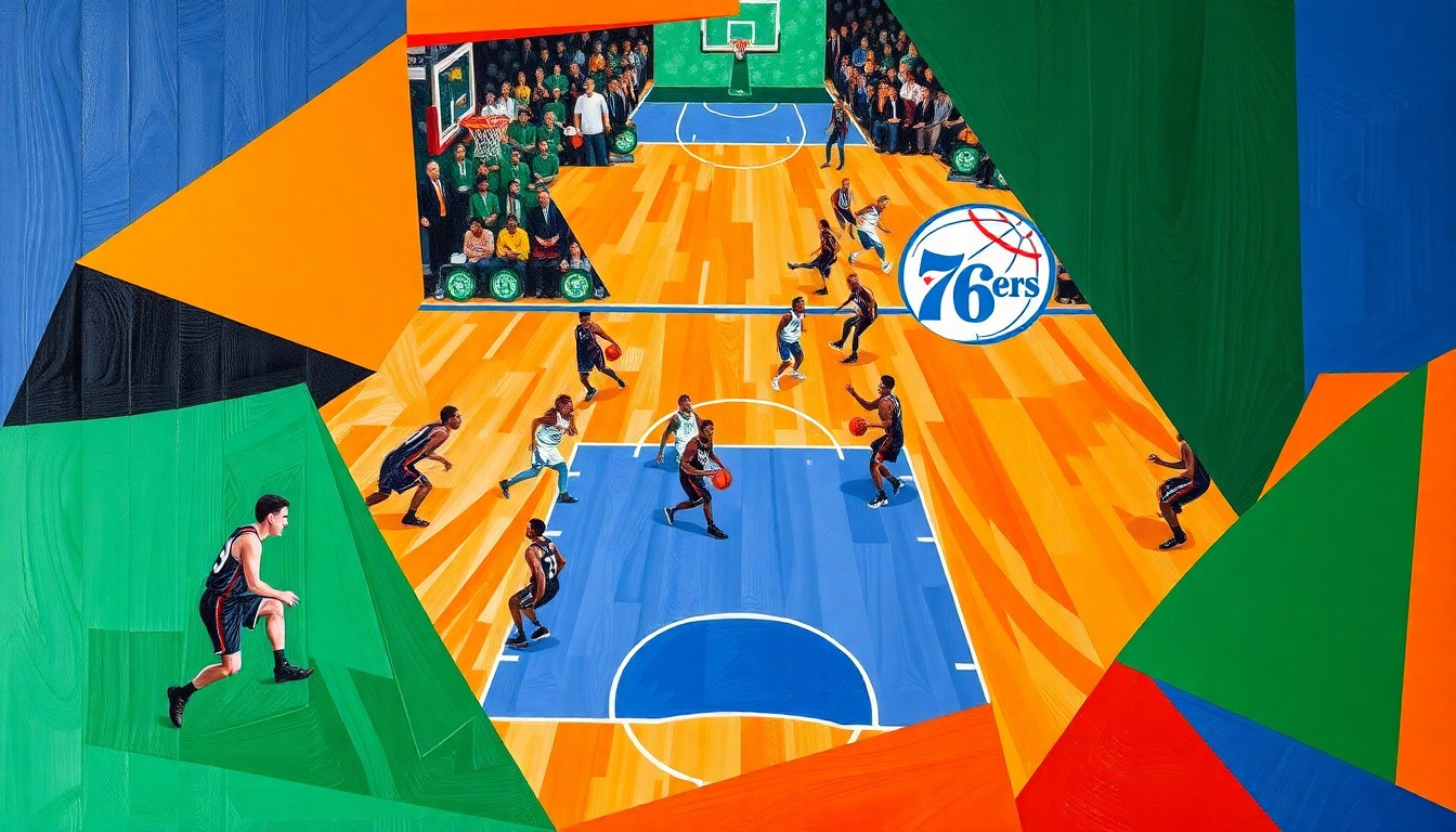 A fractured, cubist-style painting depicting the action of a basketball game between the Boston Celtics and Philadelphia 76ers, with the players' movements and the court's lines broken down into sharp, overlapping geometric shapes in a vibrant color palette.