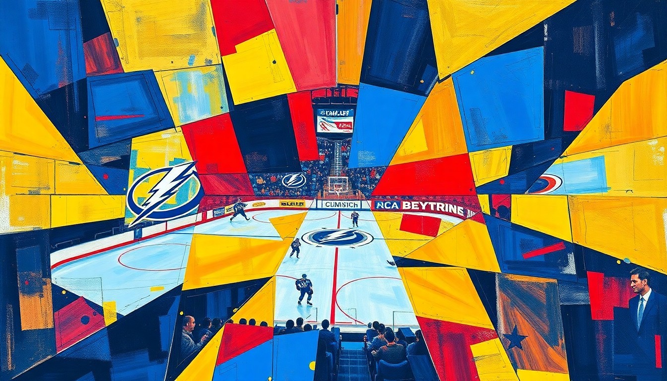 A cubist-style painting depicting a hockey game broken down into sharp, overlapping geometric shapes in vibrant blue, red, and yellow colors, representing the Tampa Bay Lightning and Syracuse Crunch organizations.