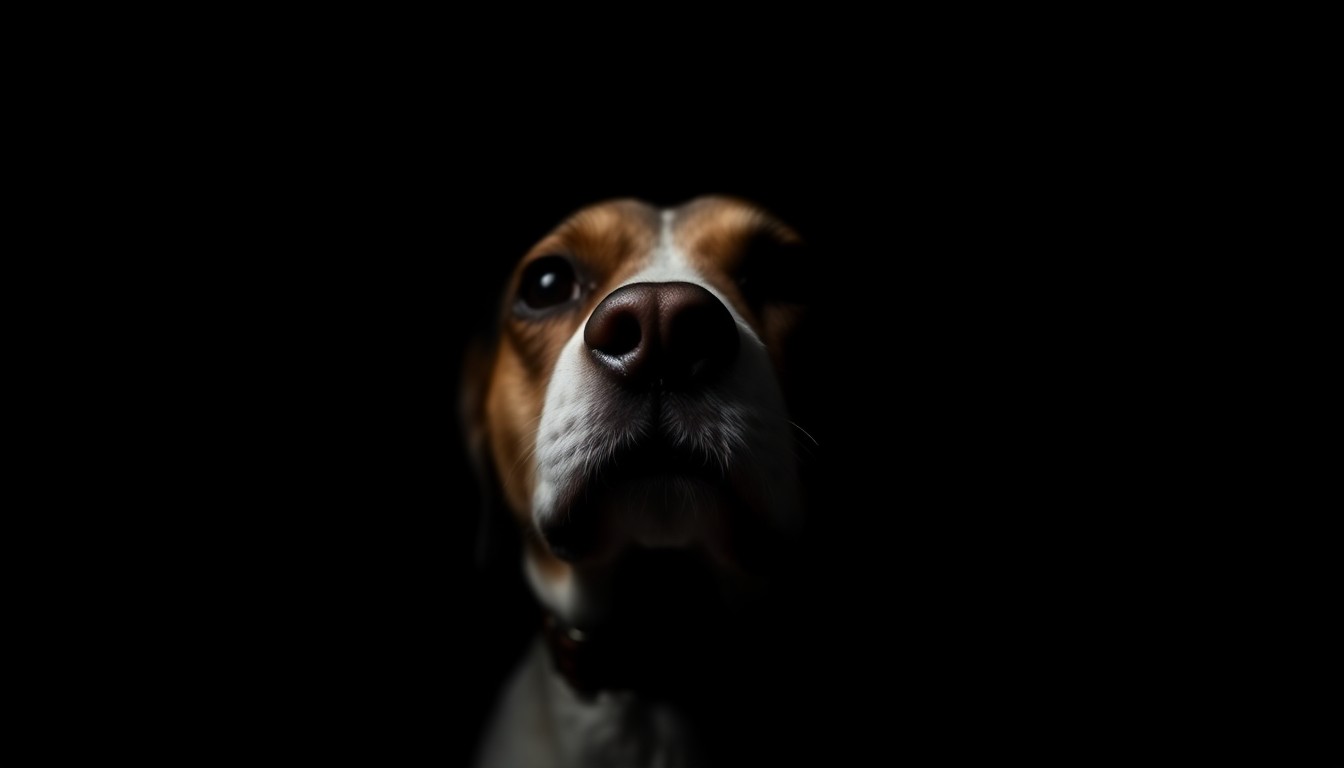 An extreme close-up photograph of a beagle collar or leash against a pitch-black background, lit by a harsh, direct camera flash to create a stark, gritty, investigative aesthetic, conceptually representing the tensions surrounding the use of animals in scientific research.