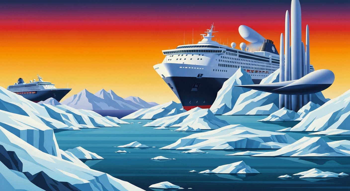 A highly stylized, geometric illustration depicting a towering cruise ship silhouetted against a backdrop of rugged, snow-capped mountains and icy waters, conveying the dramatic shift in the couple's vacation plans.