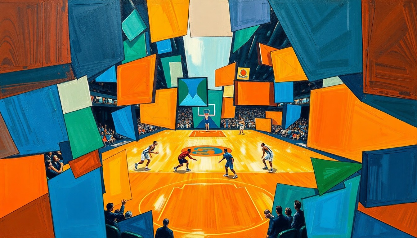 A cubist, geometric painting depicting a basketball game or match, with sharp, overlapping planes of vibrant colors like orange, blue, and green, capturing the dynamic energy of the sport.