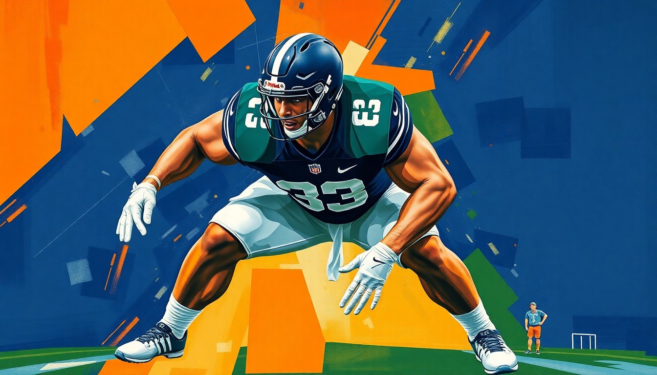 A fractured, geometric painting depicting the powerful movements and stance of a defensive lineman, with sharp planes of navy blue, forest green, and burnt orange representing Penn State's team colors.