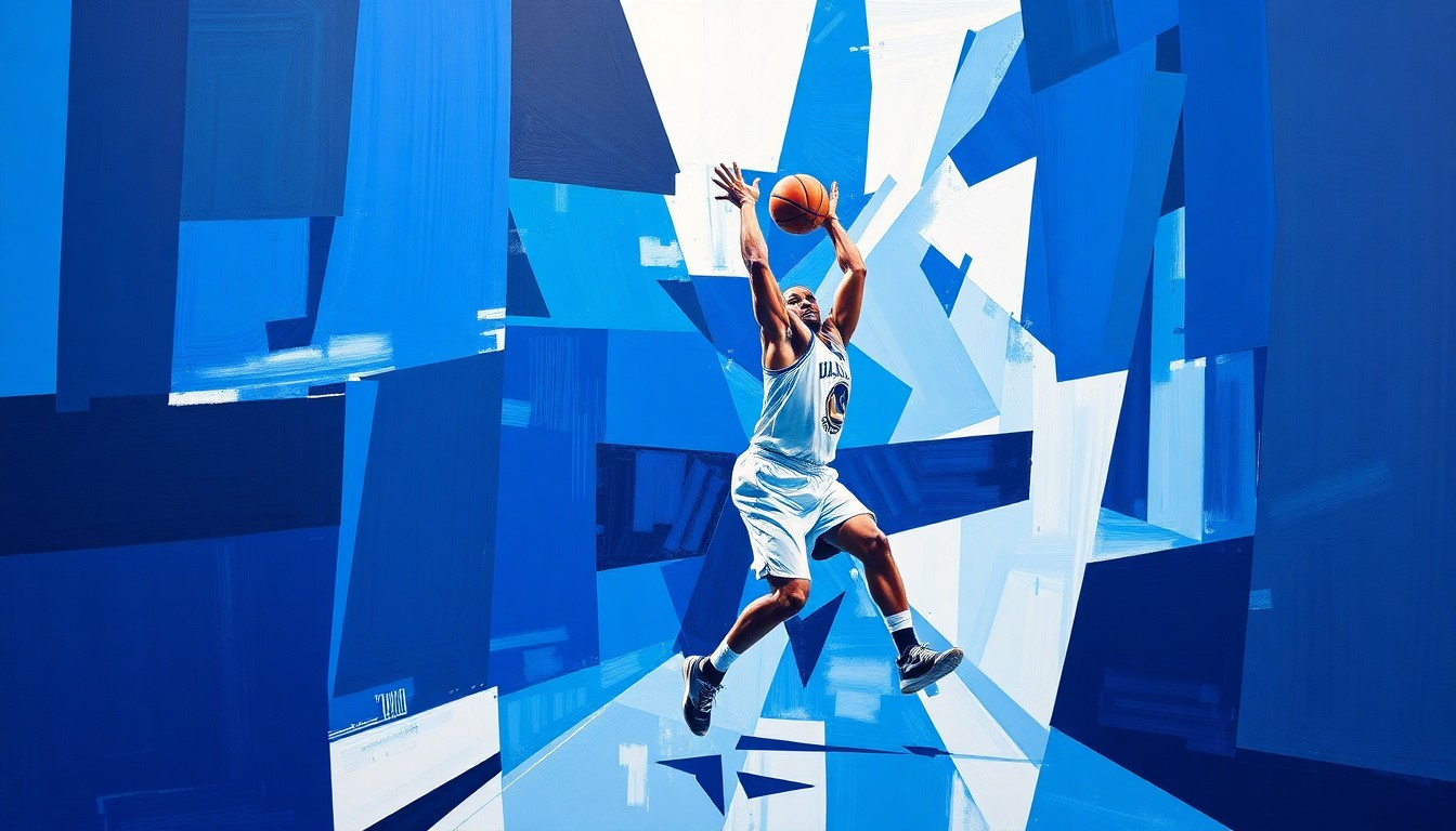 A cubist, geometric painting depicting a basketball player in motion, with sharp, overlapping planes of color representing the various ways Wilkins impacts the game on both ends of the floor.