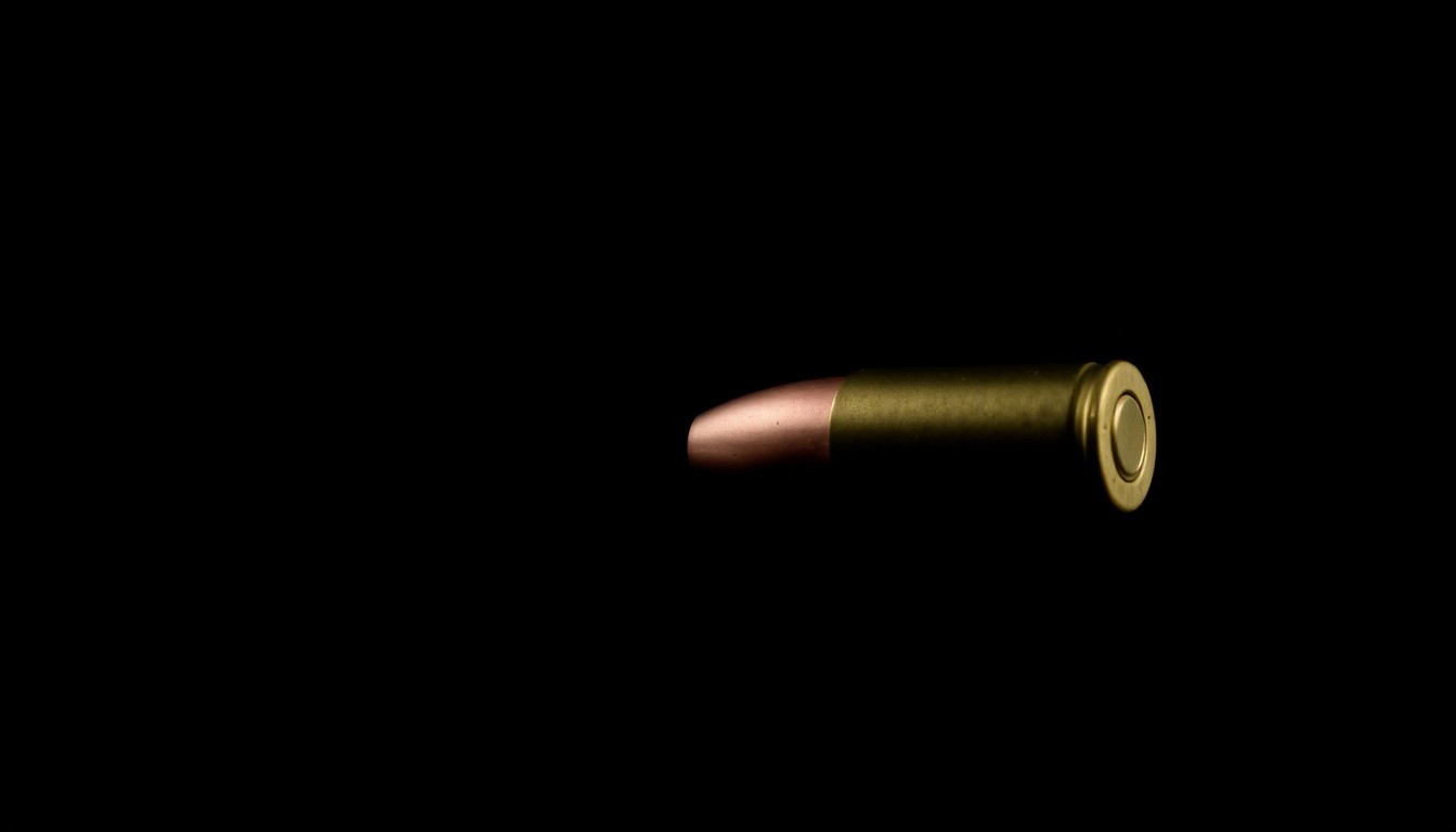 An extreme close-up photograph of a single bullet casing against a pitch-black background, lit by a harsh, direct camera flash, conceptually representing a key piece of evidence from a long-unsolved murder case.
