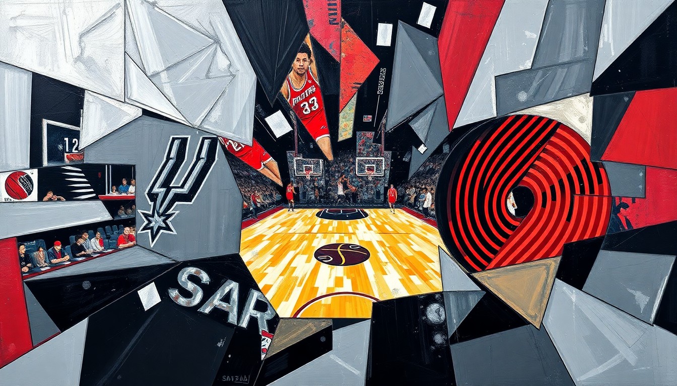 A cubist, geometric painting depicting a basketball game in motion, with the players and court fragmented into sharp, overlapping shapes in the Spurs' silver and black and the Trail Blazers' red, black, and white colors.
