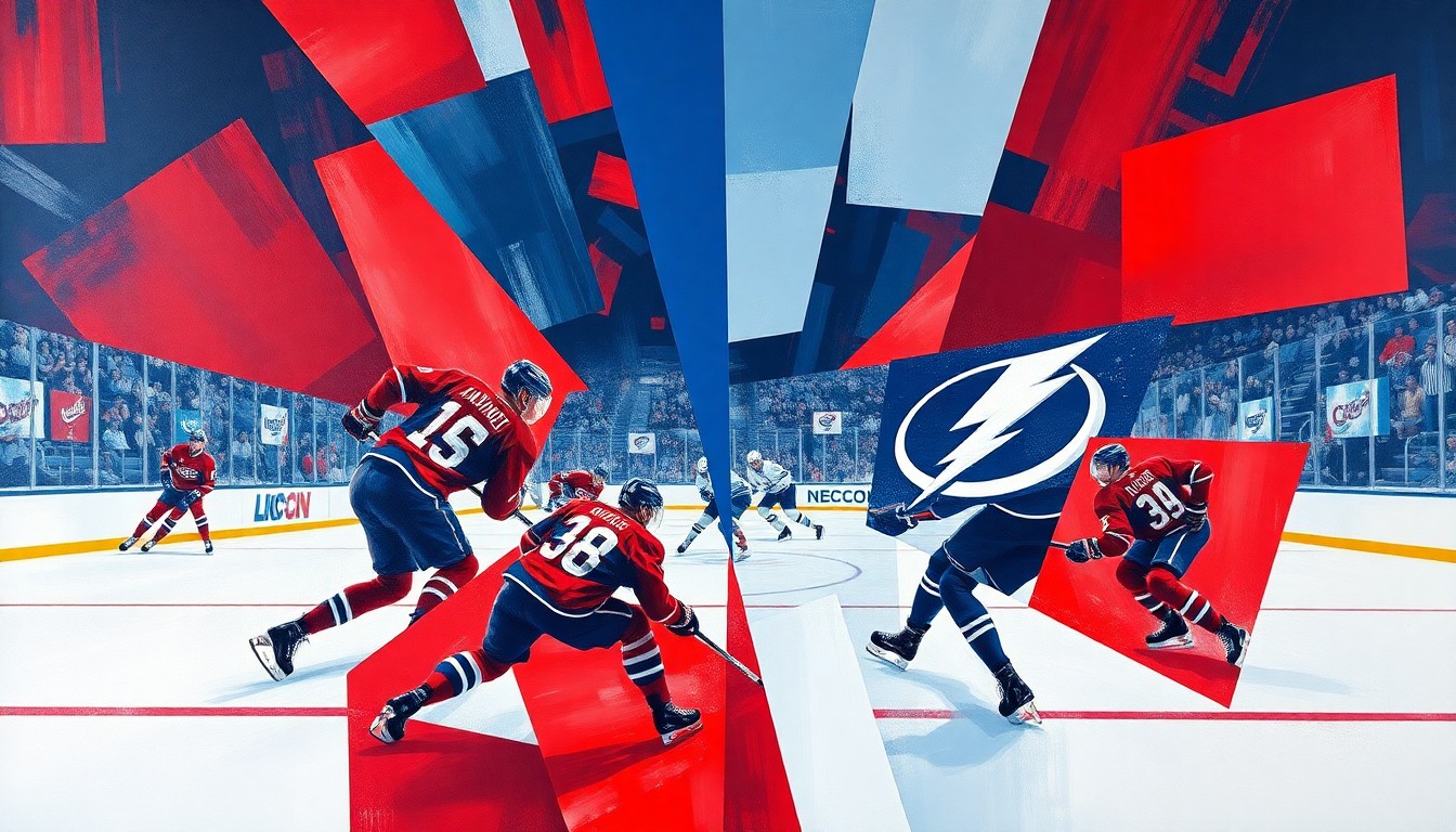 A cubist, geometric painting depicting a hockey game with overlapping planes of red, blue, and white, representing the intensity and competition of the playoff matchup between the Montreal Canadiens and Tampa Bay Lightning.