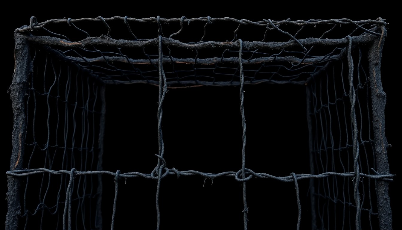 An extreme close-up photograph of a charred, twisted metal frame against a pitch-black background, conceptually representing the remnants of the 'burn cage' structure used in the D4vd incident.