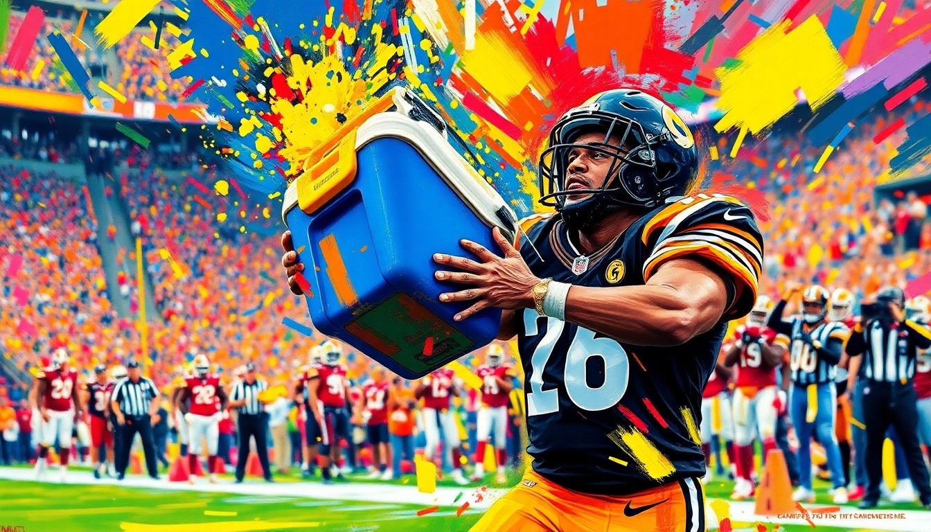 An abstract, energetic painting using vibrant neon colors and rapid brushstrokes to depict the chaotic scene of Antonio Brown throwing a Gatorade cooler on the sideline of an NFL game, conveying the raw emotion and volatility of the incident.