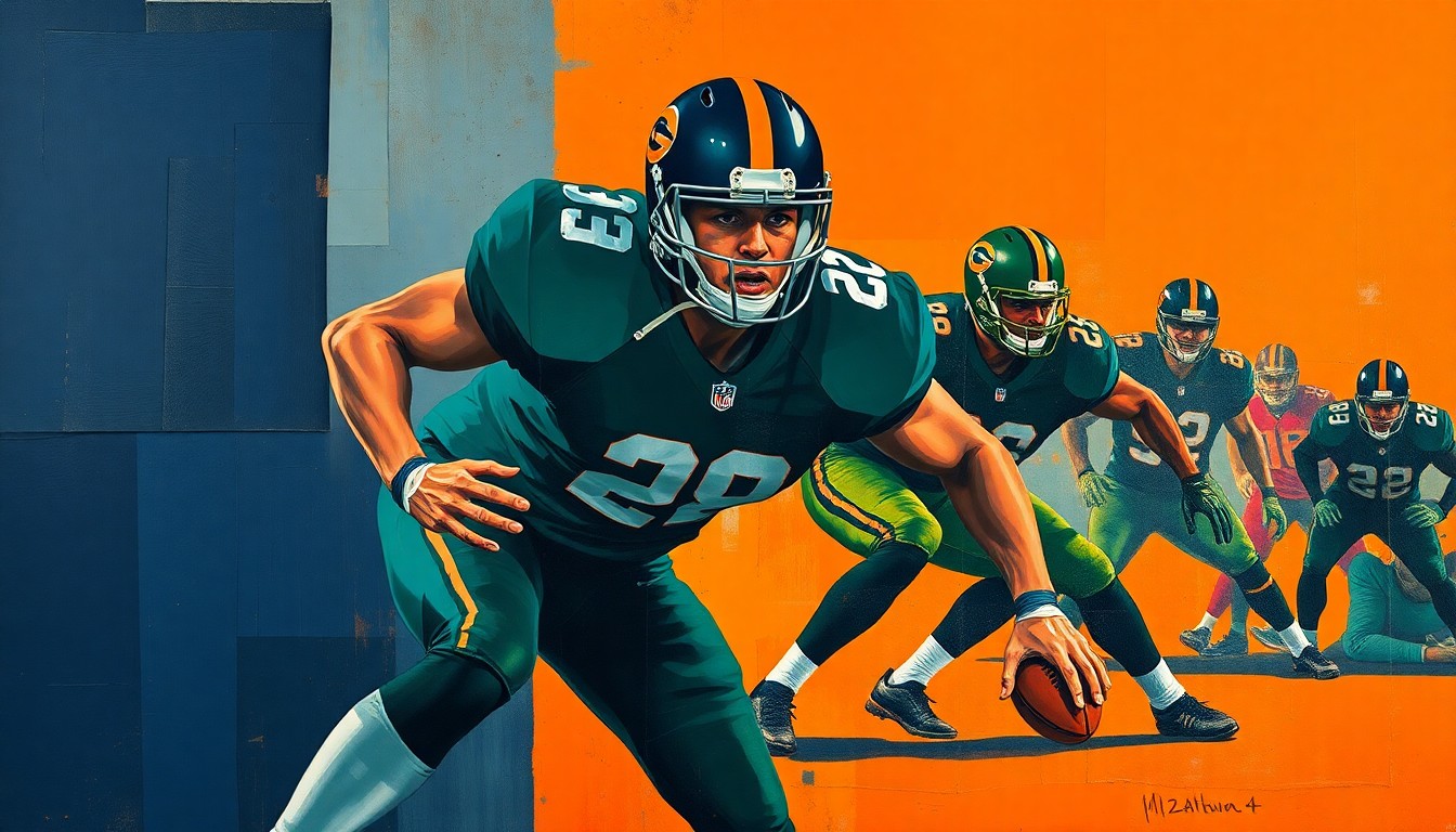 A fragmented, geometric painting depicting the angular, overlapping forms of a football player in a defensive stance, with sharp planes of navy blue, forest green, and burnt orange colors.