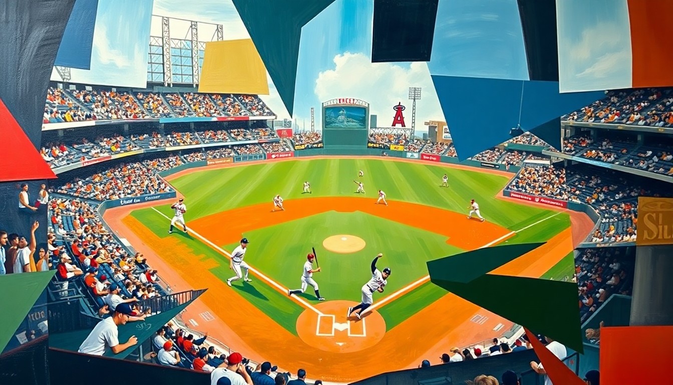 A fractured, geometric painting depicting a baseball game between the San Diego Padres and Los Angeles Angels, with the players and field of play broken down into abstract shapes and angles in the style of Pablo Picasso.