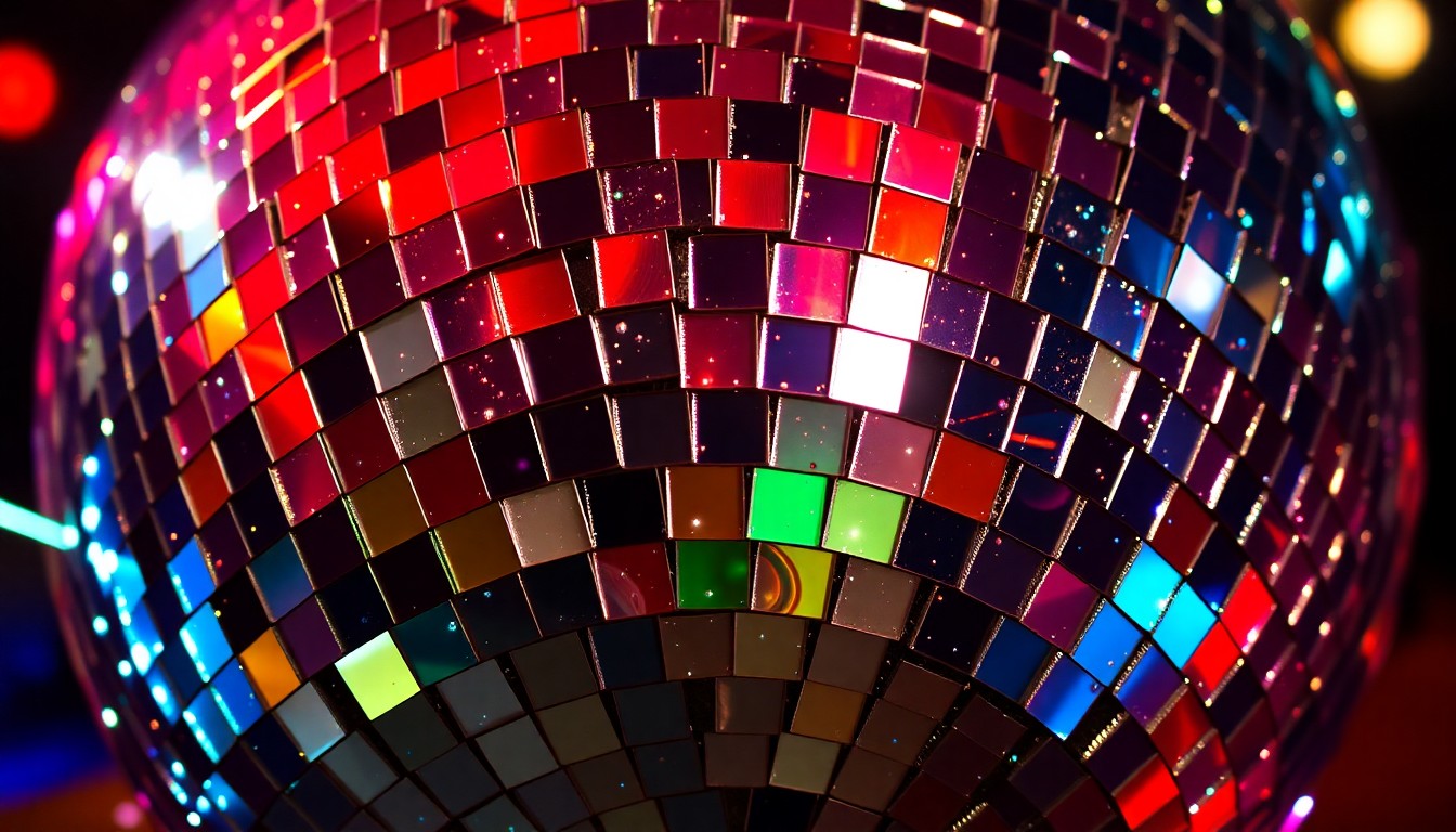 An abstract close-up photograph of shattered disco ball fragments reflecting dramatic, high-contrast studio lighting, conveying the celebratory atmosphere of the music festival.