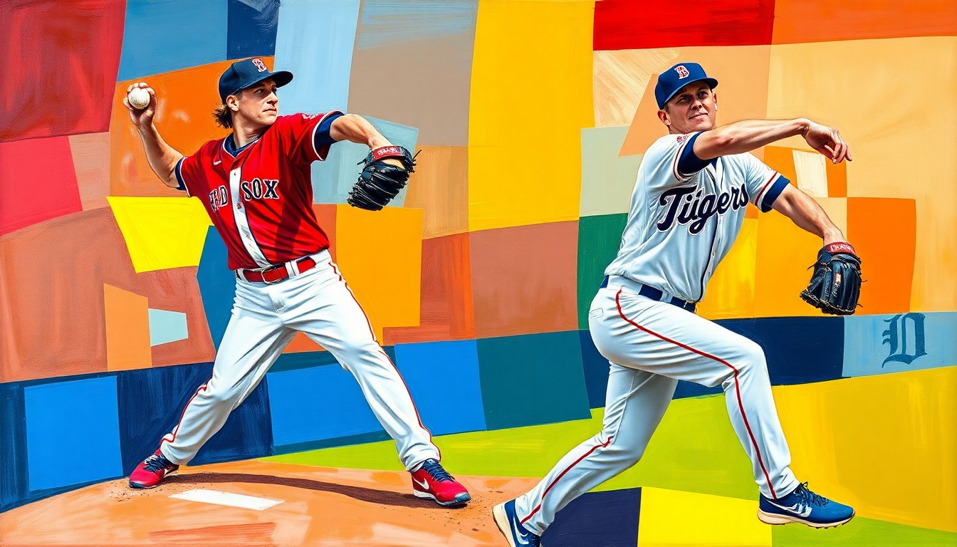 A fragmented, geometric painting depicting a baseball pitcher's windup and delivery, with sharp planes of red, navy, and orange representing the uniforms of the Red Sox and Tigers players. The image conveys the dynamic motion and intensity of the game through its abstract, cubist style.