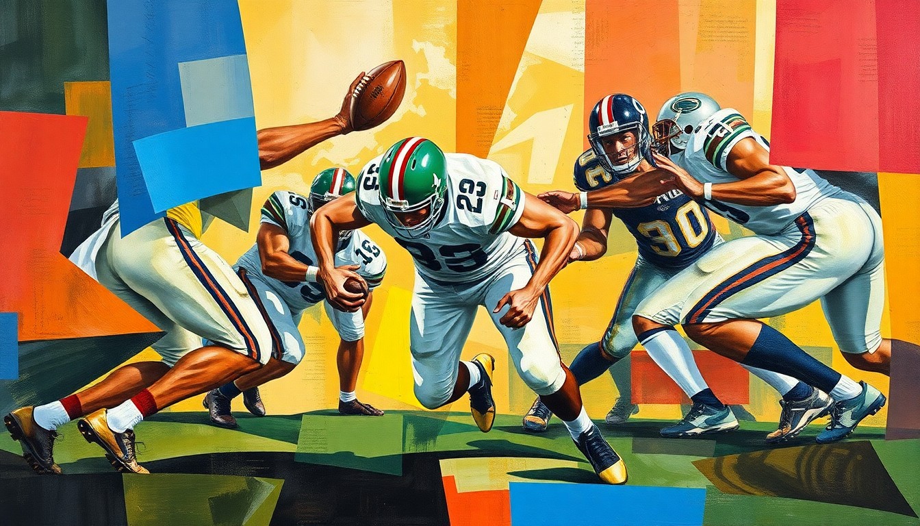A cubist-style painting depicting the powerful movements of a defensive lineman, with sharp geometric shapes and planes representing the force and energy of the play.