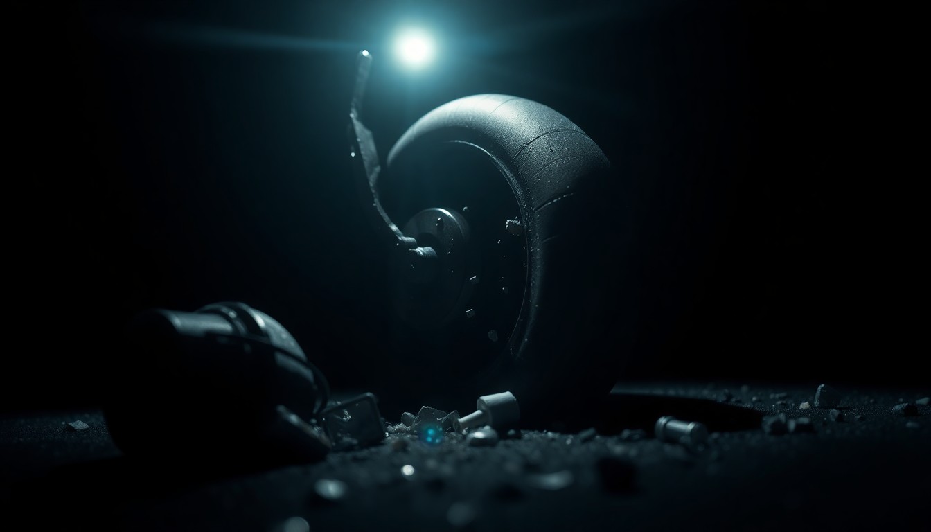 An extreme close-up photograph of a damaged motorcycle part or piece of debris from the crash site, capturing the stark, gritty aftermath of the incident.