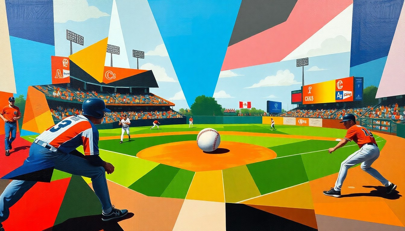 A fragmented, multi-angled painting depicting a baseball game broken down into sharp, overlapping geometric shapes and planes of color, with the ball as the central focal point.