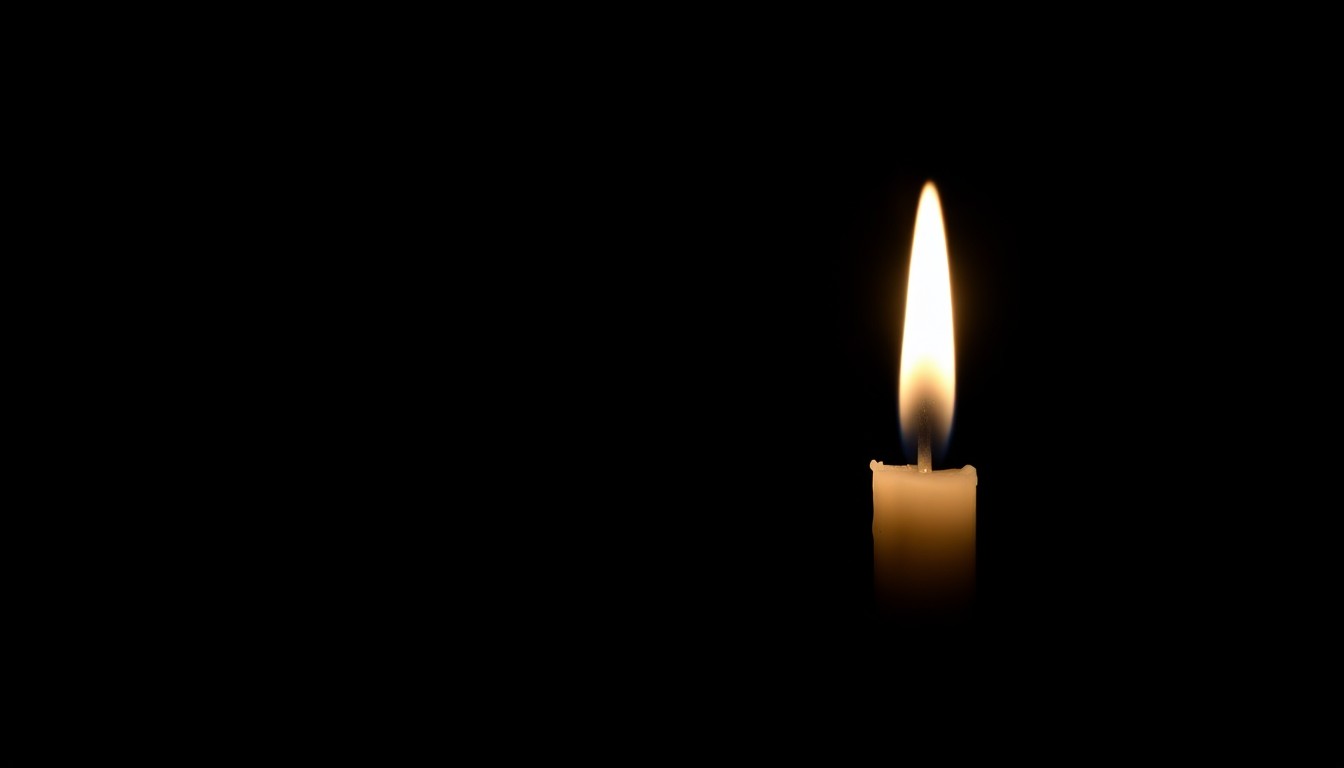 An extreme close-up of a single candle flame casting dramatic shadows against a dark background, conveying the solemn mood of the vigil held to remember the victim of the park shooting.