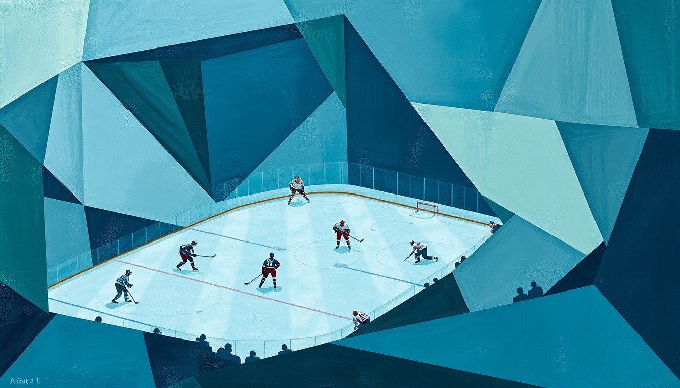 A cubist-style painting depicting a hockey game broken down into overlapping geometric shapes and planes in muted colors, conceptually representing the strategic complexity of the sport.