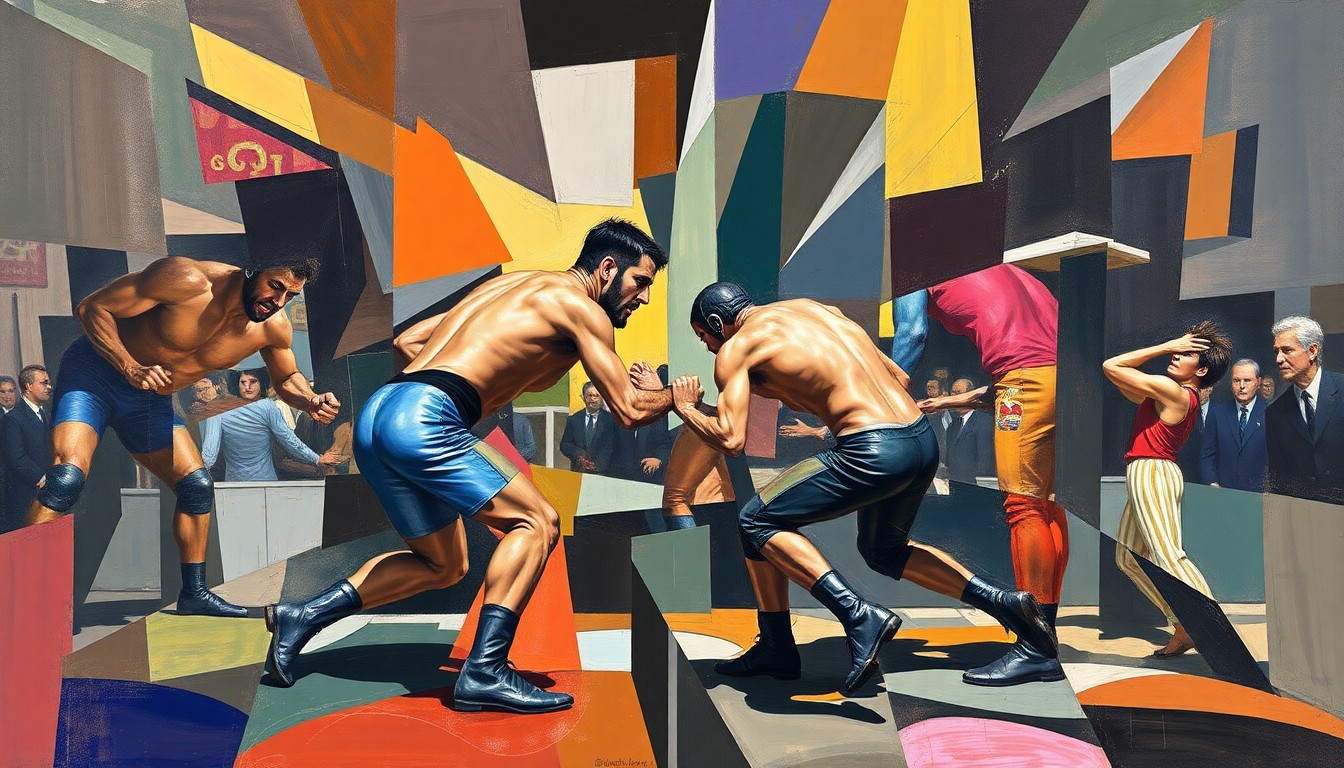 A cubist, geometric painting depicting the fractured movements and perspectives of a wrestling match or competition, with sharp, overlapping planes of color and form.