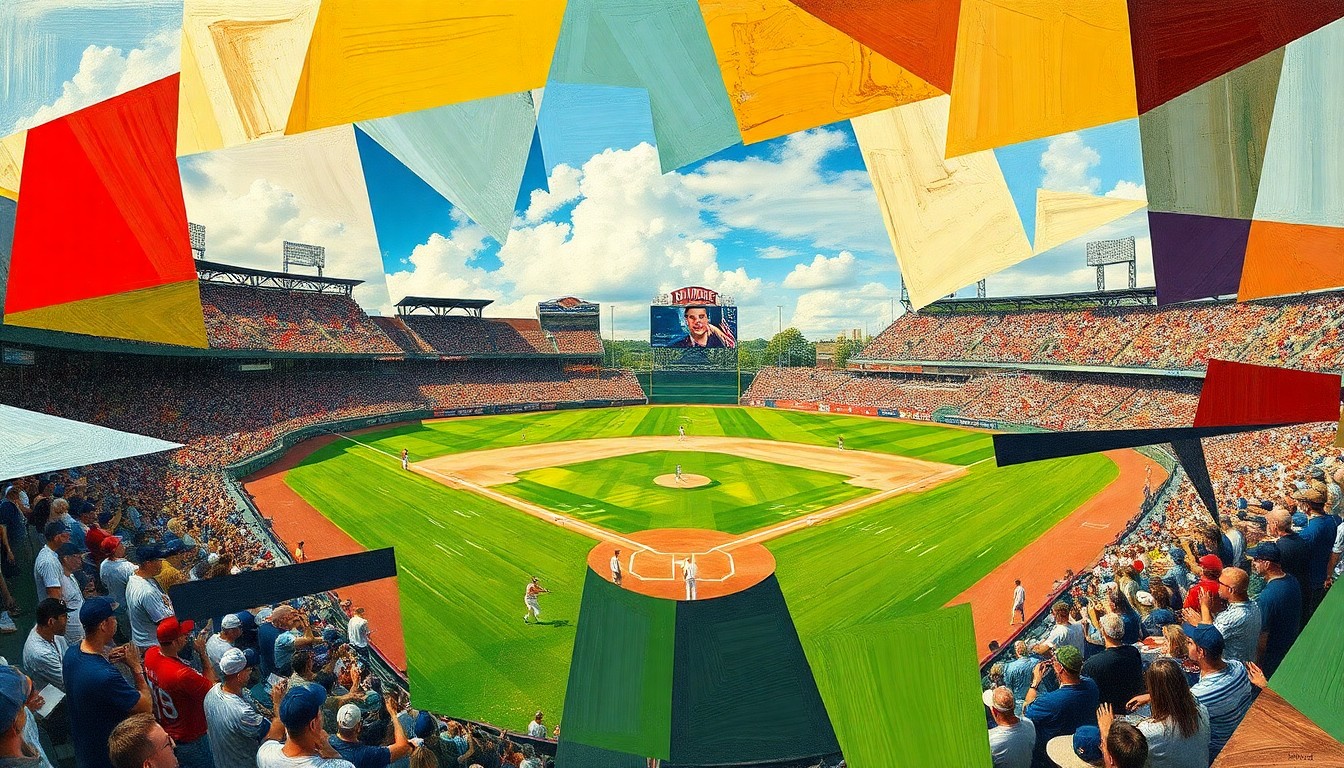 A fragmented, geometric painting in bold colors depicts the dynamic action of a college baseball game, with players and the field deconstructed into sharp, overlapping shapes.
