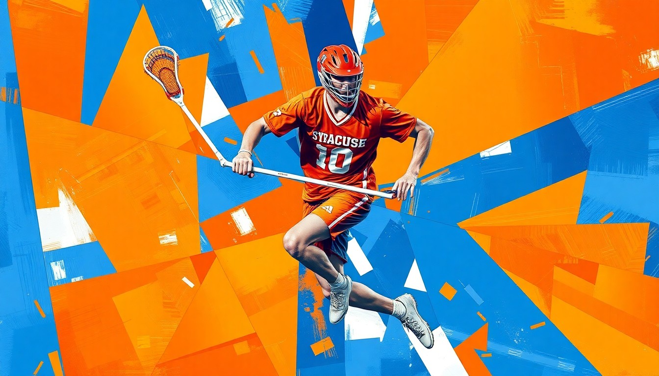 A cubist-style painting depicting a Syracuse lacrosse player in mid-motion, their body fractured into overlapping geometric shapes in shades of orange and blue, capturing the raw athleticism of the sport.