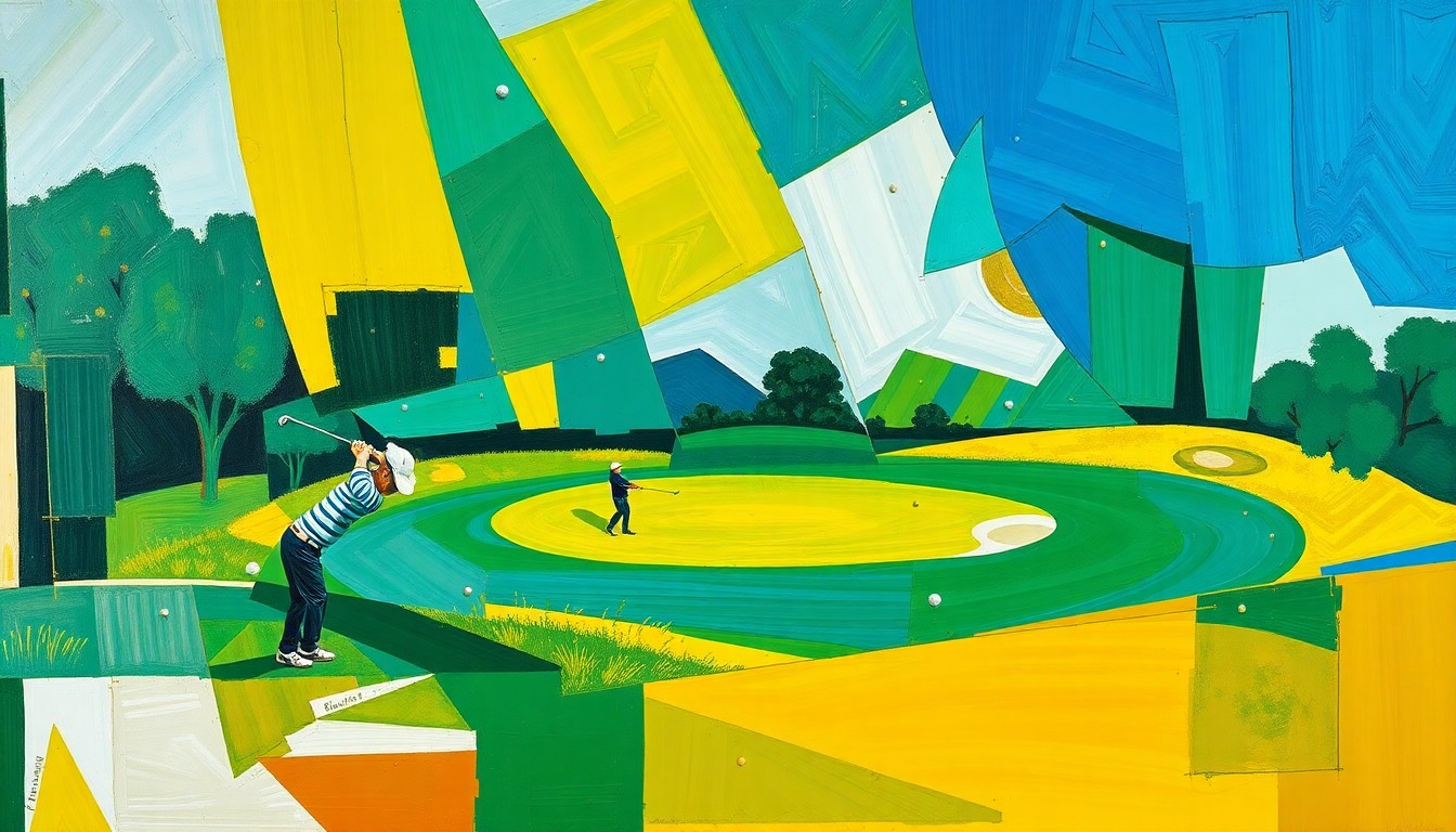A cubist, geometric painting depicting a fragmented, multi-angled view of a golf match or competition, with sharp planes of emerald green, cobalt blue, and ochre yellow hues conveying the raw energy and emotion of the sport.