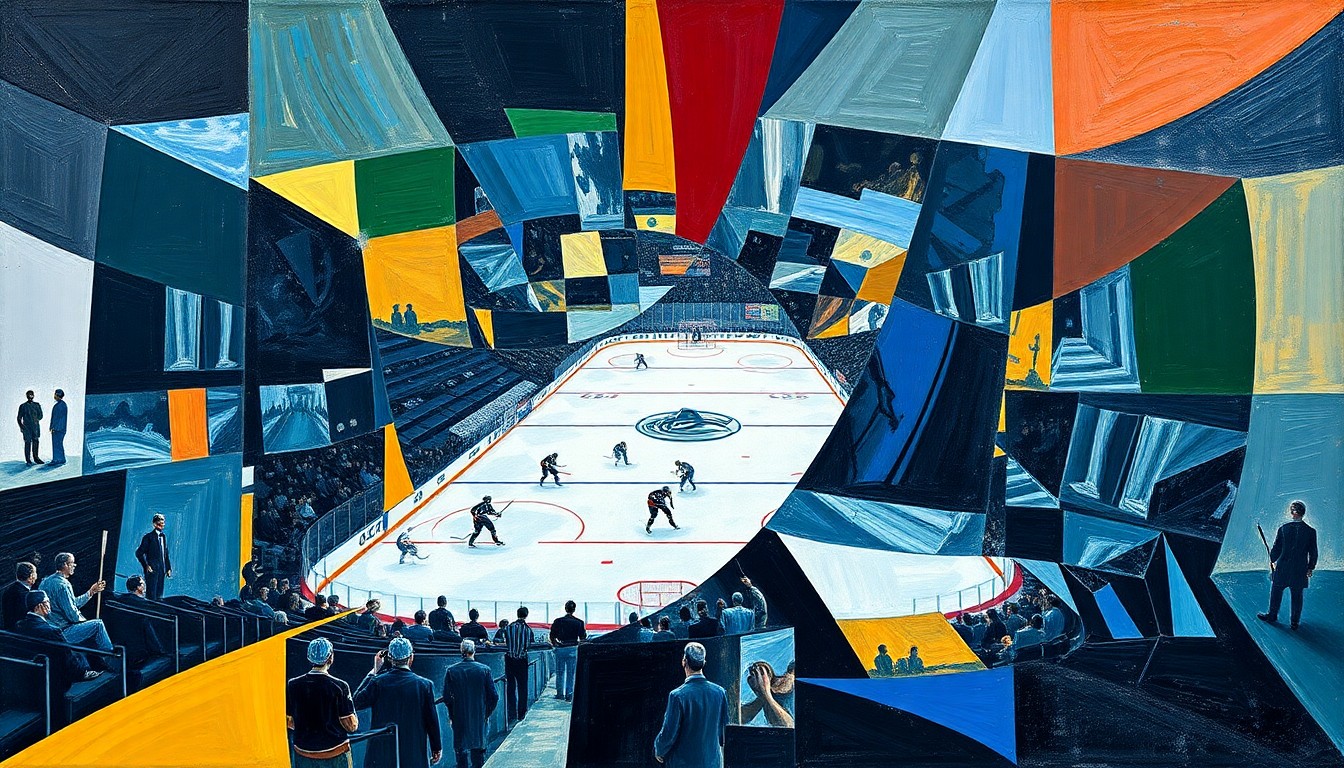 A cubist, geometric painting depicting a Canucks hockey game, with players and the puck broken down into sharp, overlapping shapes and planes of color, capturing the energy and movement of the sport.