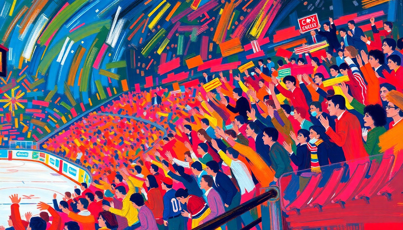 An abstract, expressionist painting in vibrant neon colors, with rapid brushstrokes capturing the dynamic energy and excitement of a large crowd of hockey fans cheering at an outdoor sports event.