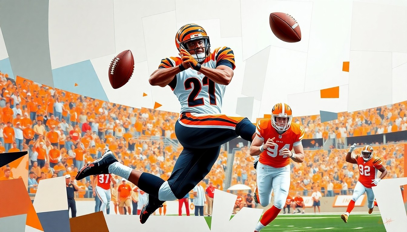 A fragmented, geometric painting depicting a wide receiver in mid-air, their body broken down into sharp, overlapping planes of vibrant orange, black, and white, capturing the raw athleticism and potential of the prospect.
