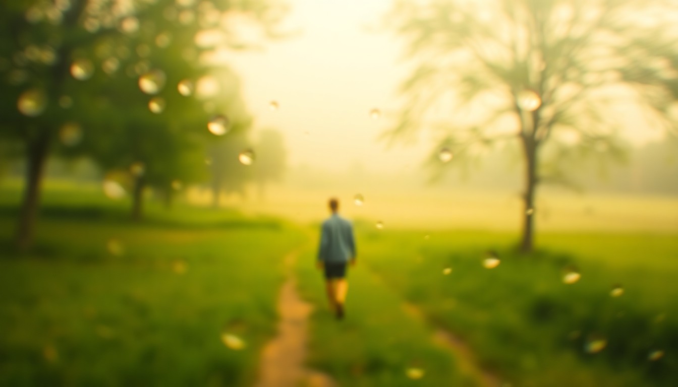 An impressionistic, out-of-focus photograph depicting a person walking through a verdant, hazy landscape, conveying a sense of nostalgia and the beauty of nature.