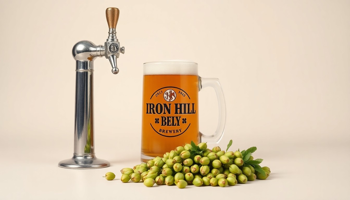 A minimalist studio still life photograph featuring a polished metal beer tap handle, a glass beer stein, and a handful of whole hops arranged elegantly on a clean, monochromatic background, conceptually representing the craft beer and gastropub experience of Iron Hill Brewery's relaunch.