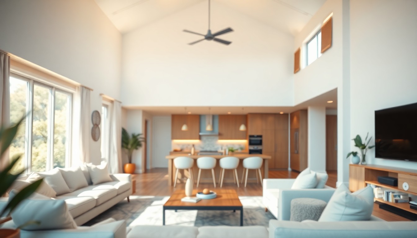 An extremely abstracted, out-of-focus photograph of a warm, modern living room with high ceilings, soft lighting, and a glimpse of a kitchen, conceptually representing the comfortable, amenity-rich lifestyle of an active adult community.
