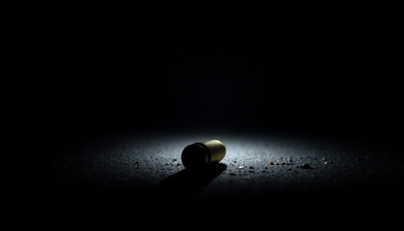 An extreme close-up photograph of a spent bullet casing on the ground, lit by a harsh, direct camera flash against a pitch-black background, creating a stark, gritty, investigative aesthetic.