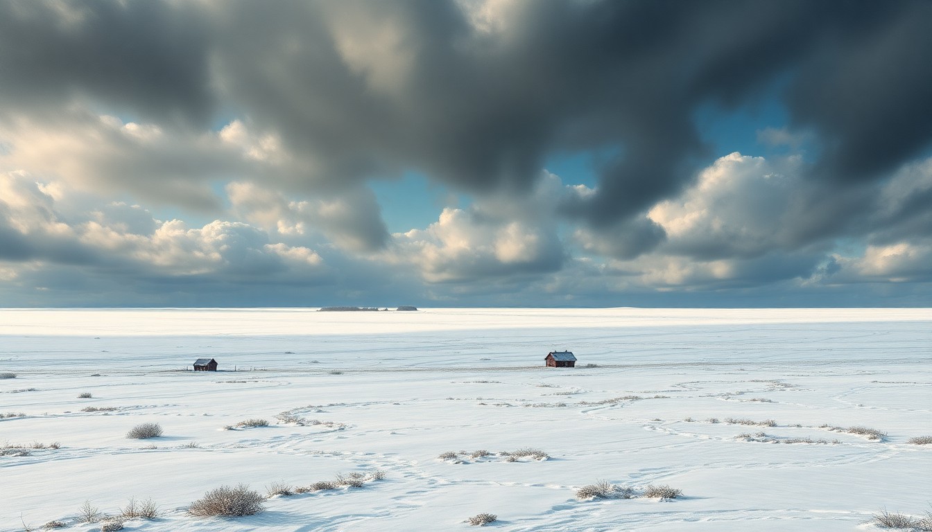 A sweeping, atmospheric landscape painting in muted tones of gray, white, and blue, depicting a vast, frozen field under a dramatic, cloudy sky. The scene conveys a sense of the overwhelming scale and power of the natural world, with the frozen landscape dwarfing any small, indistinct structures or objects.