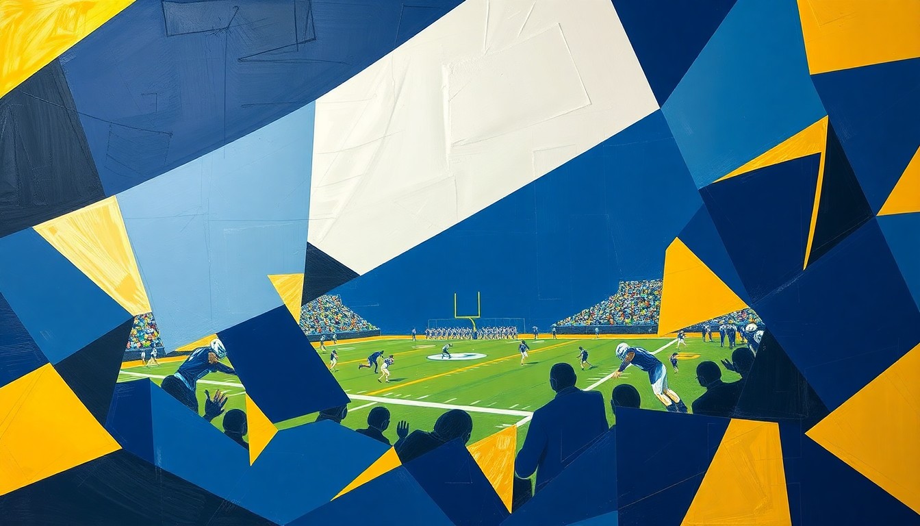 A cubist, geometric painting featuring overlapping planes of navy blue and gold, representing the dynamic action of a high school football game.