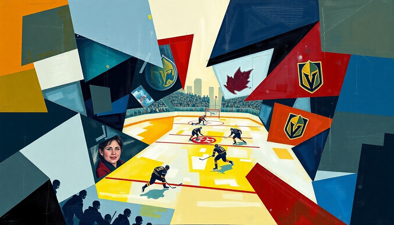 A cubist, geometric painting depicting the action and energy of a hockey game between the Mammoth and Golden Knights, with sharp, overlapping shapes and planes representing the players, puck, and arena.