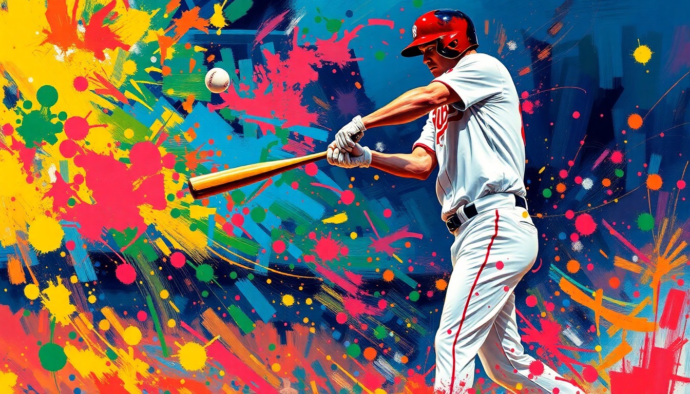 An abstract, expressionist painting featuring bold, energetic brushstrokes in neon colors that capture the raw power and celebratory emotion of a baseball player's game-winning home run swing.
