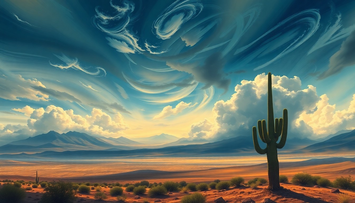 A sweeping, atmospheric landscape painting depicting the vast, dramatic sky over the Arizona desert, with a lone saguaro cactus silhouetted against the turbulent, windswept clouds, conveying the overwhelming scale and power of the natural elements.