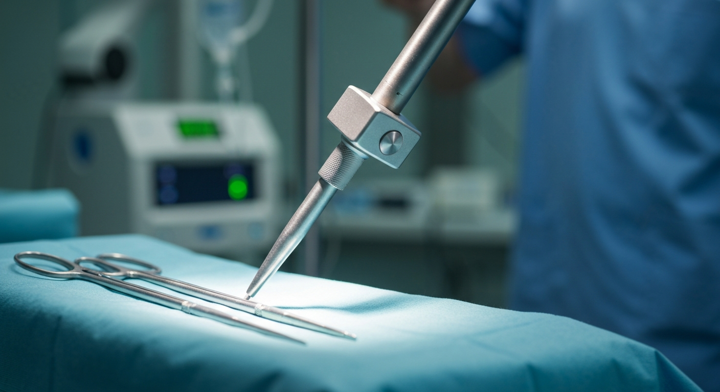 An extreme close-up photograph of complex, interlocking medical machinery and instruments, conveying the technical sophistication of the healthcare technology industry.